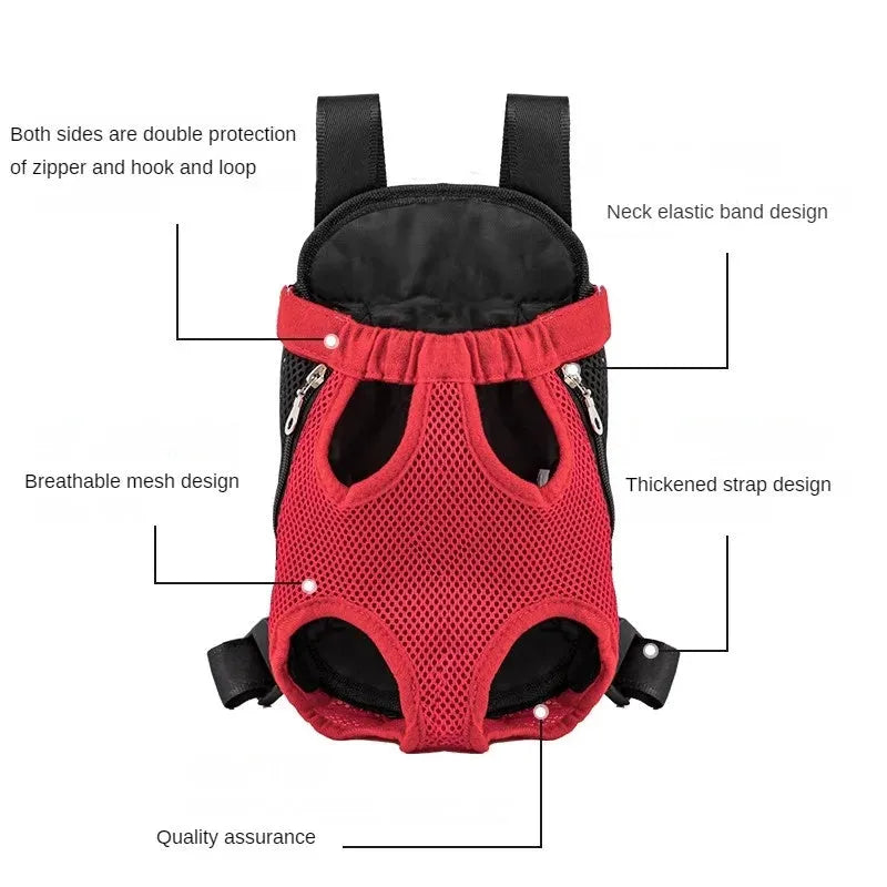 Adjustable dog carrier backpack worn on front with small dog in legs-out position