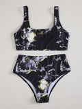 Women's marble tie-dye bikini set with U-neck top and high-waist briefs in various colours for swimming