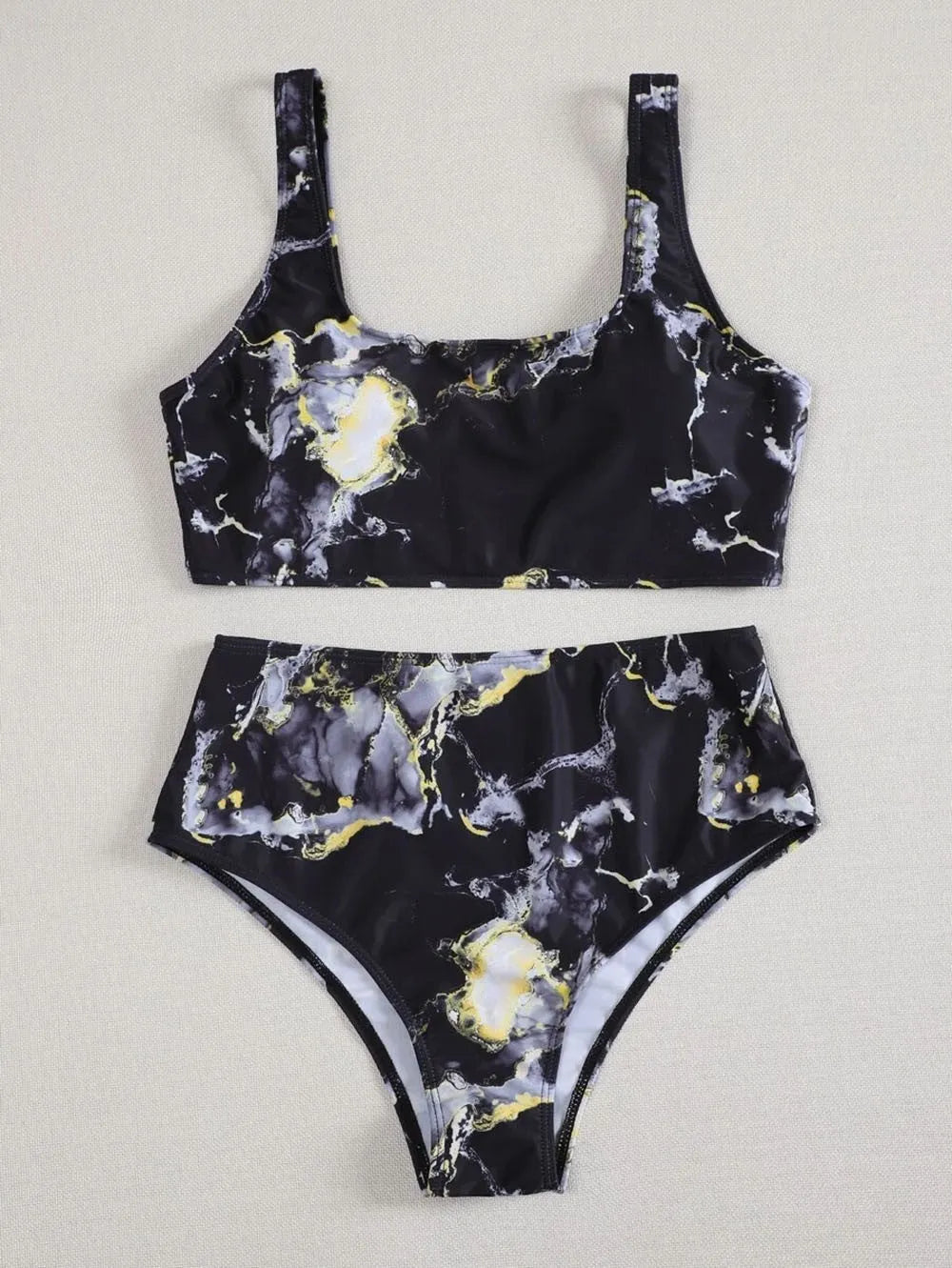 Women's marble tie-dye bikini set with U-neck top and high-waist briefs in various colours for swimming
