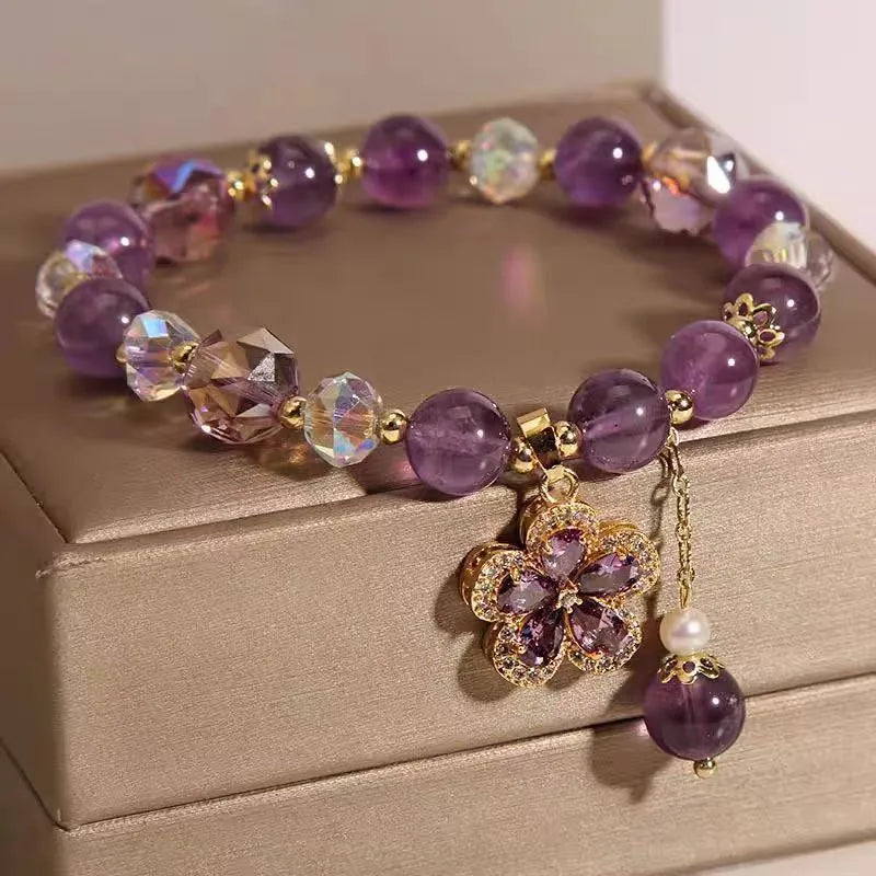 Antique style women's crystal bracelet with a nine-tailed fox pendant and a natural purple amethyst flower charm.