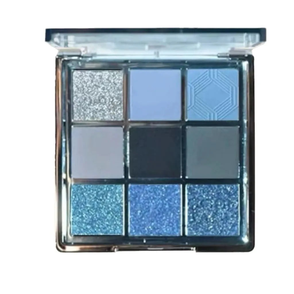 MUGELEEN nine-colour eye shadow palette showing low saturation ice permeable blue and smoked shades with matte and shimmer textures