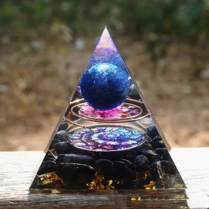 6cm crystal epoxy pyramid decoration with natural gravel visible through transparent resin in Lapis lazuli blue colour