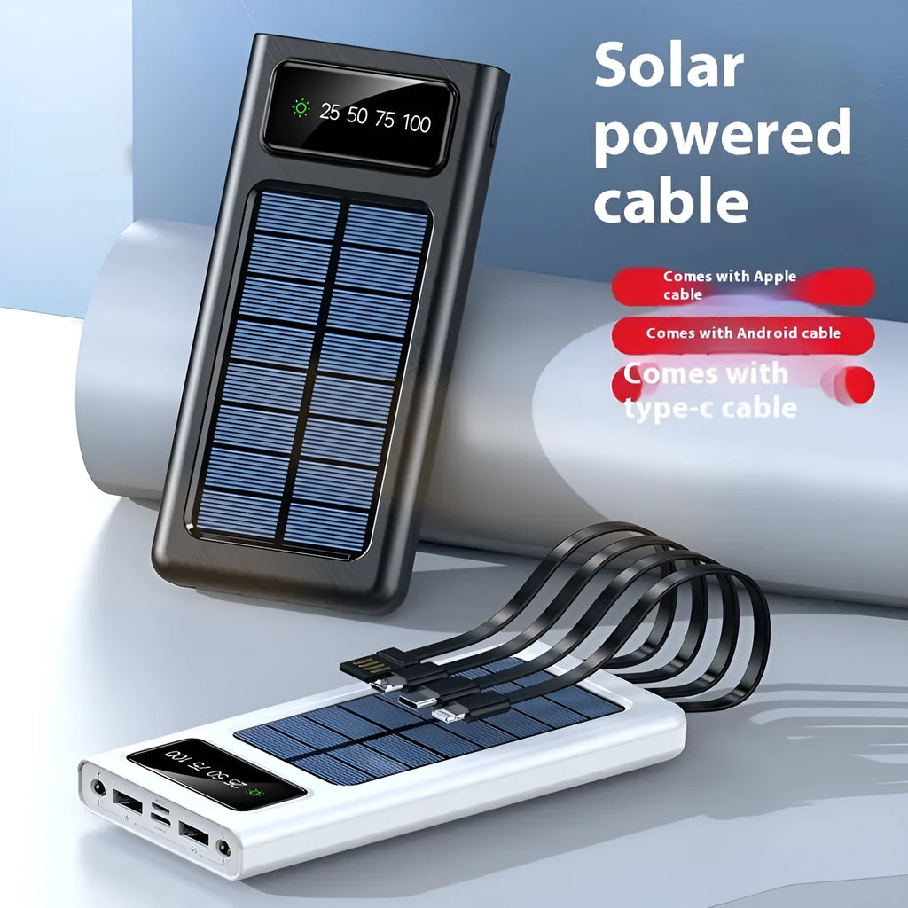 Black solar power bank with integrated charging cables showing 20000mAh capacity label