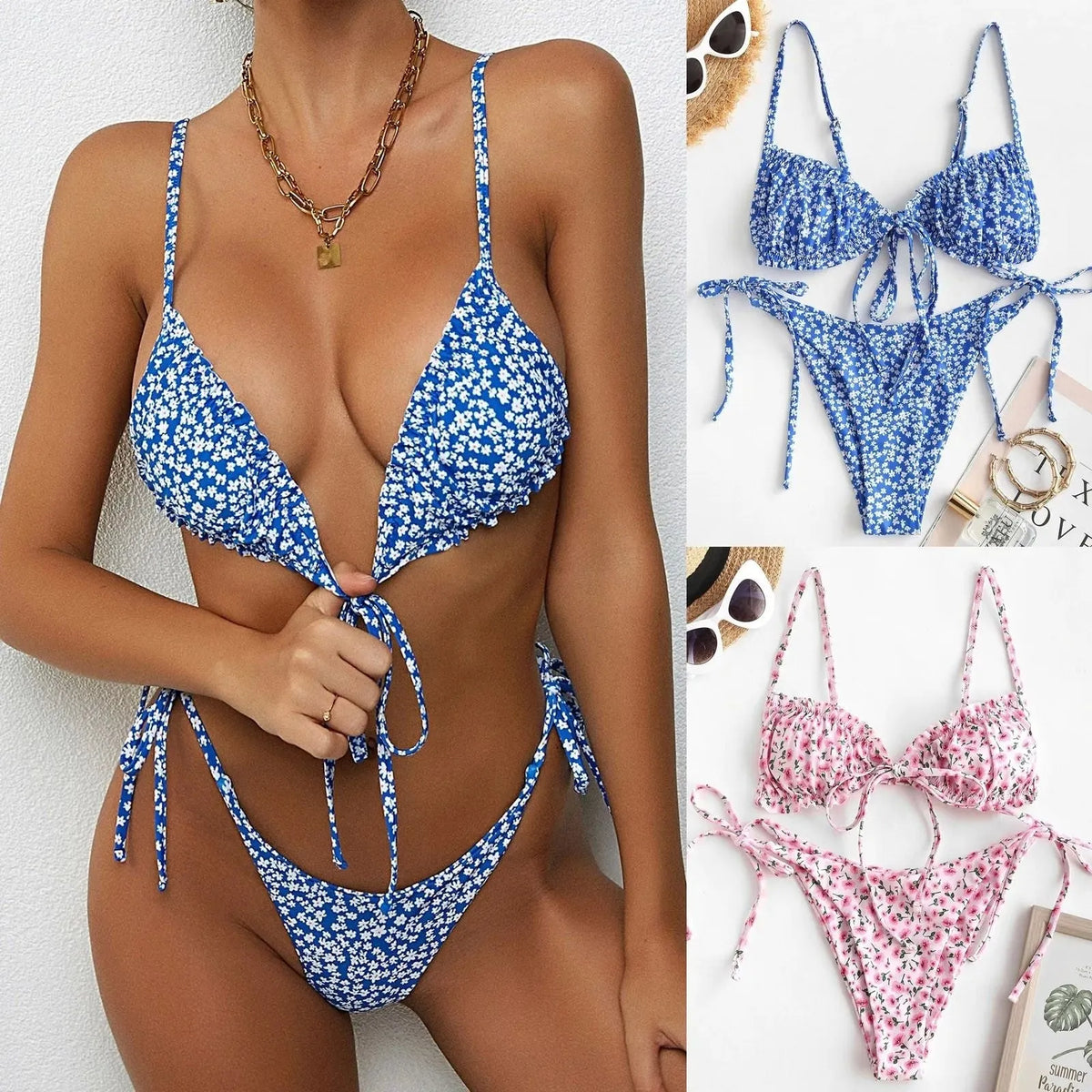 Women's blue printed multi-rope banded bikini swimsuit with short sleeves and lapel collar