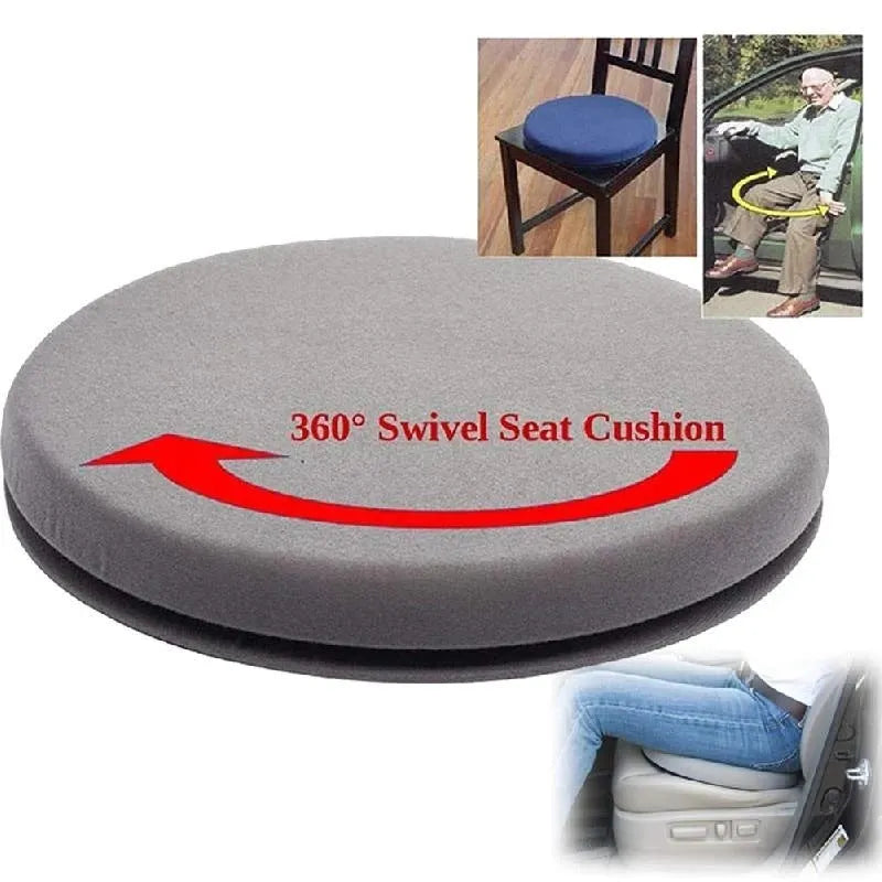 Circular car seat cushion with rotation feature, measuring 40cm across with 6cm thick sponge and non-slip base