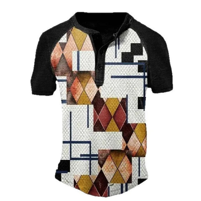 Men's blue short sleeve sports shirt with 3D printed pattern, button front, and lapel.