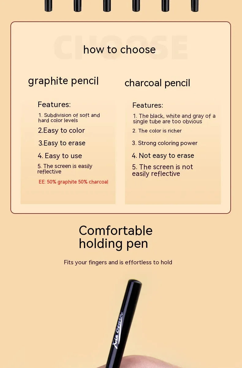 Set of 6 wood-free graphite sketching pencils with graded hardness labels HB 2B 4B 6B 8B EE