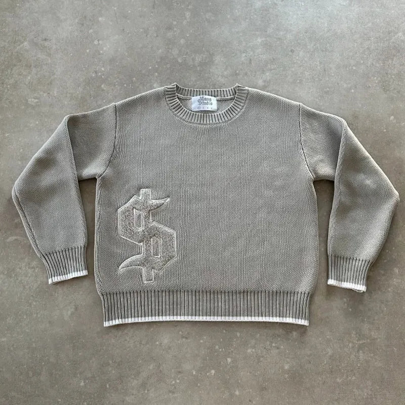 Grey loose-fitting knitwear coat with long sleeves, acetate fibre construction, pullover design for autumn winter wear