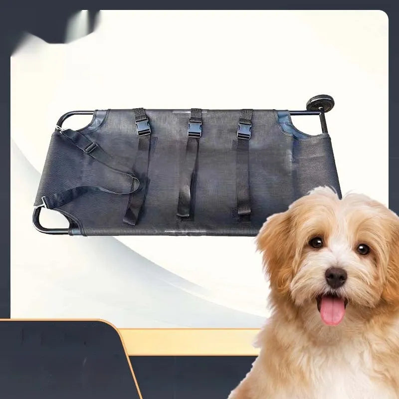 Large black foldable aluminium pet stretcher for emergency dog transport and veterinary use