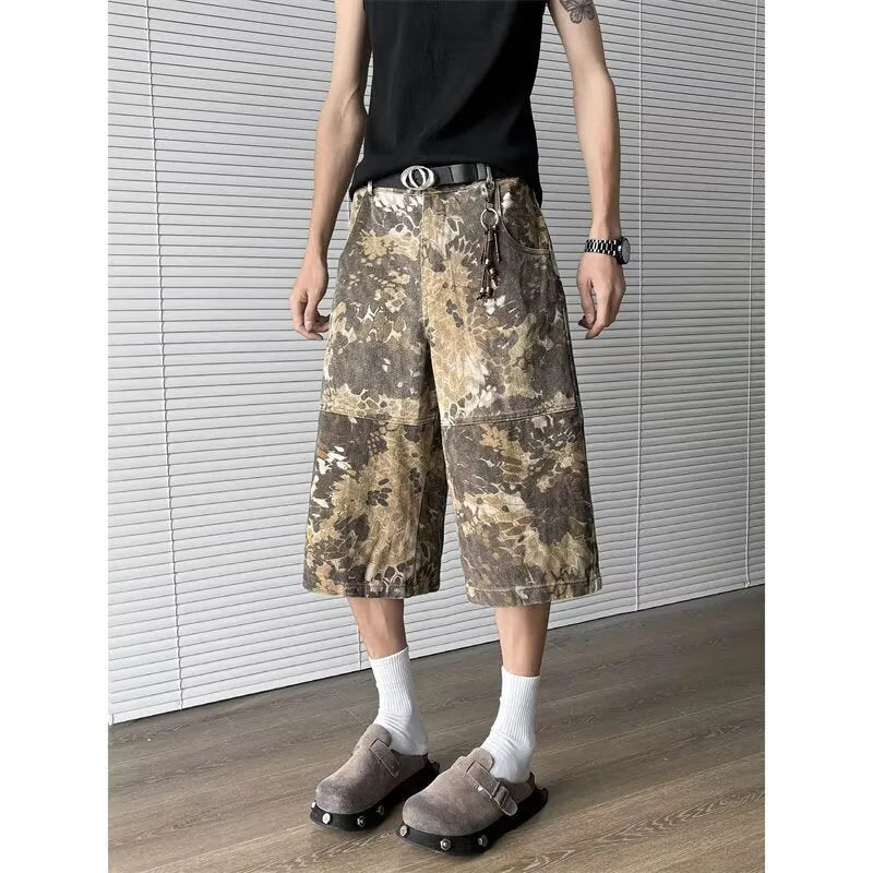 Yellow snake pattern camouflage cropped denim jeans on size chart showing S to 3XL options