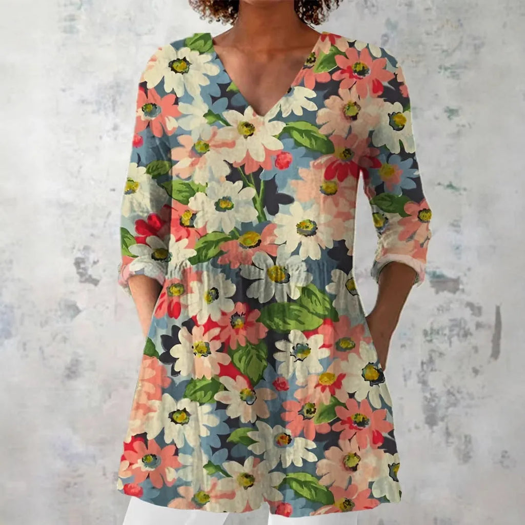 Women's retro slim fit long-sleeved top with digital printing, available in multiple colours and sizes S to 5XL