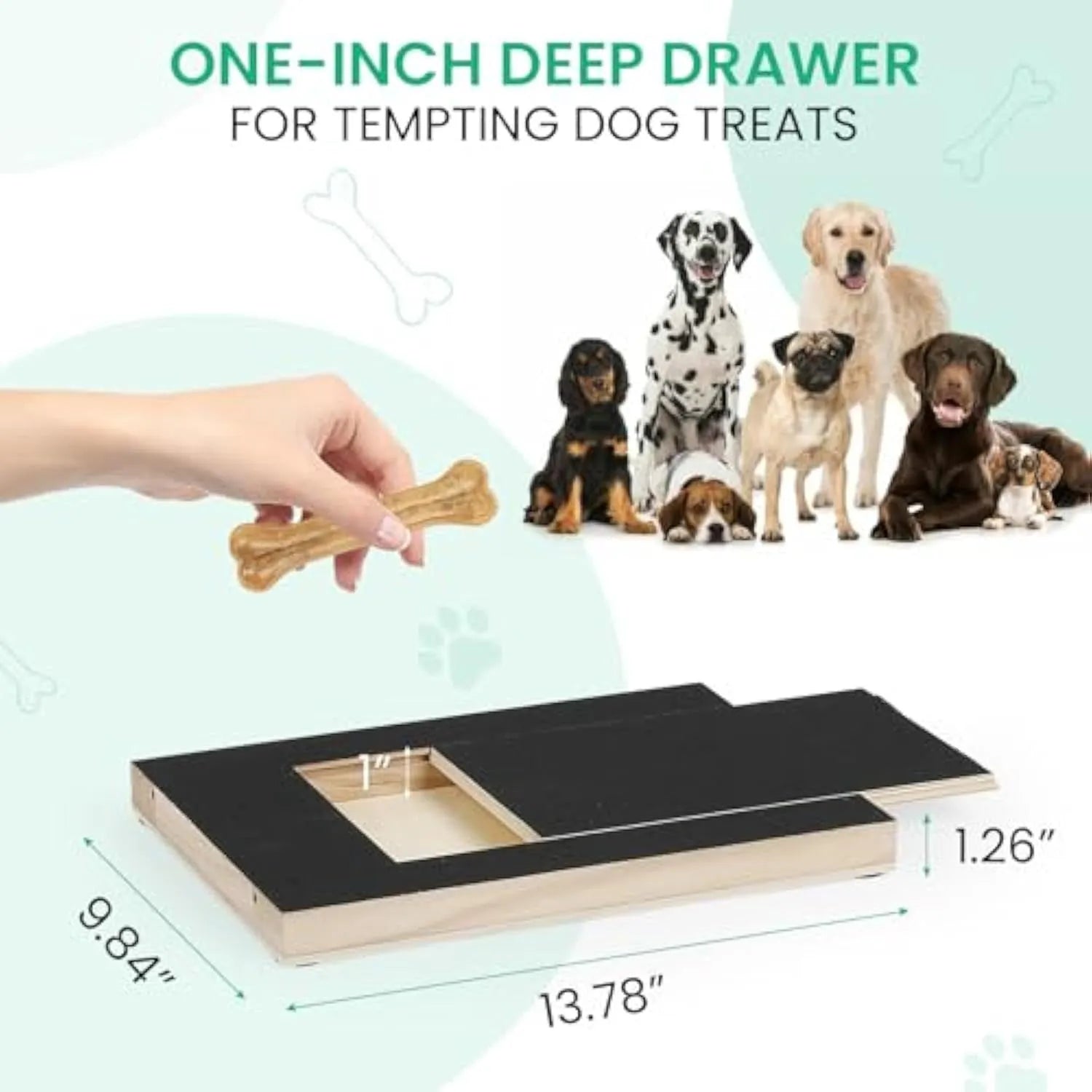 Wooden dog nail scratch board with a treat drawer and non-slip rubber feet on a floor.