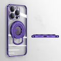 Transparent magnetic iPhone case with a silver electroplated frame and a pulled-out kickstand.