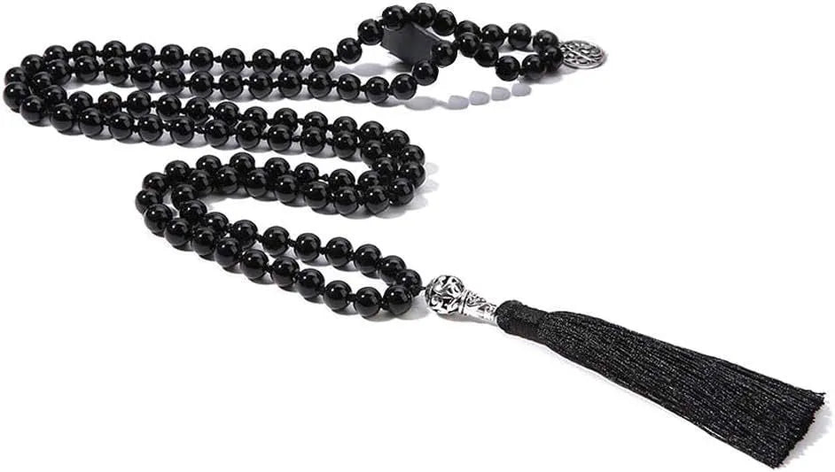 Handmade knotted beaded necklace with 108 stone pendants showing colour variations