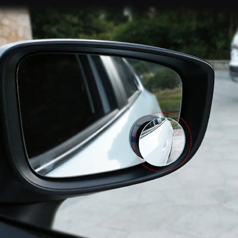 Silver 5cm round convex blind spot mirror with 360-degree adjustable mount for car rearview mirror.