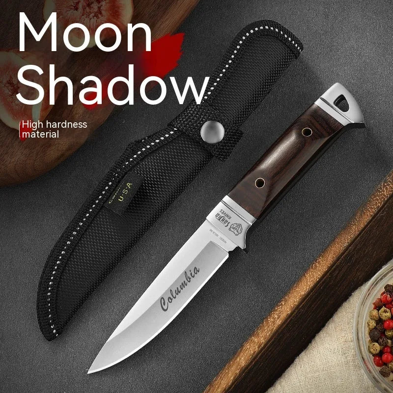 Camping portable fruit knife with stainless steel blade and national style leather case for outdoor use