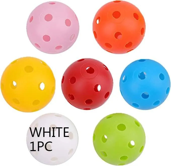 Six-colour golf practice balls in net pocket, each measuring 42mm diameter