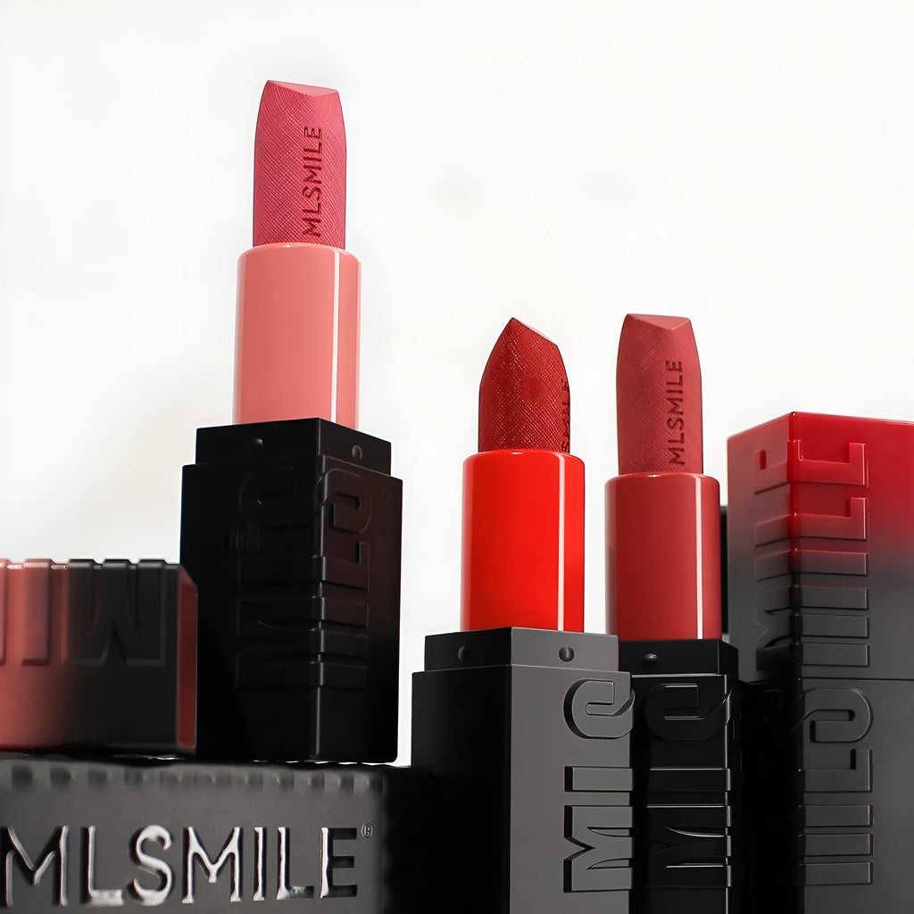MLSMILE embossed lipstick three-piece set in box showing three 3.6g lipsticks with natural moisturising formula