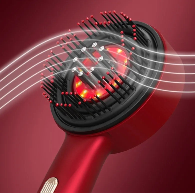 Electric massage comb with red light, anti-slip handle, 21x8.5x3cm, grey black or red, 1400mAh battery.