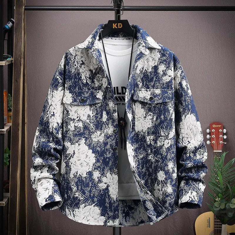 Personality casual lapel shirt coat in colour 526 black with long sleeves and straight hem, size 2XL for 70.00-77.50 kg