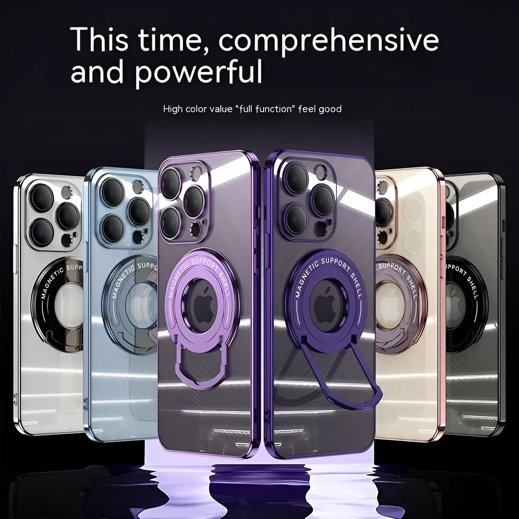 Transparent magnetic iPhone case with a silver electroplated frame and a pulled-out kickstand.