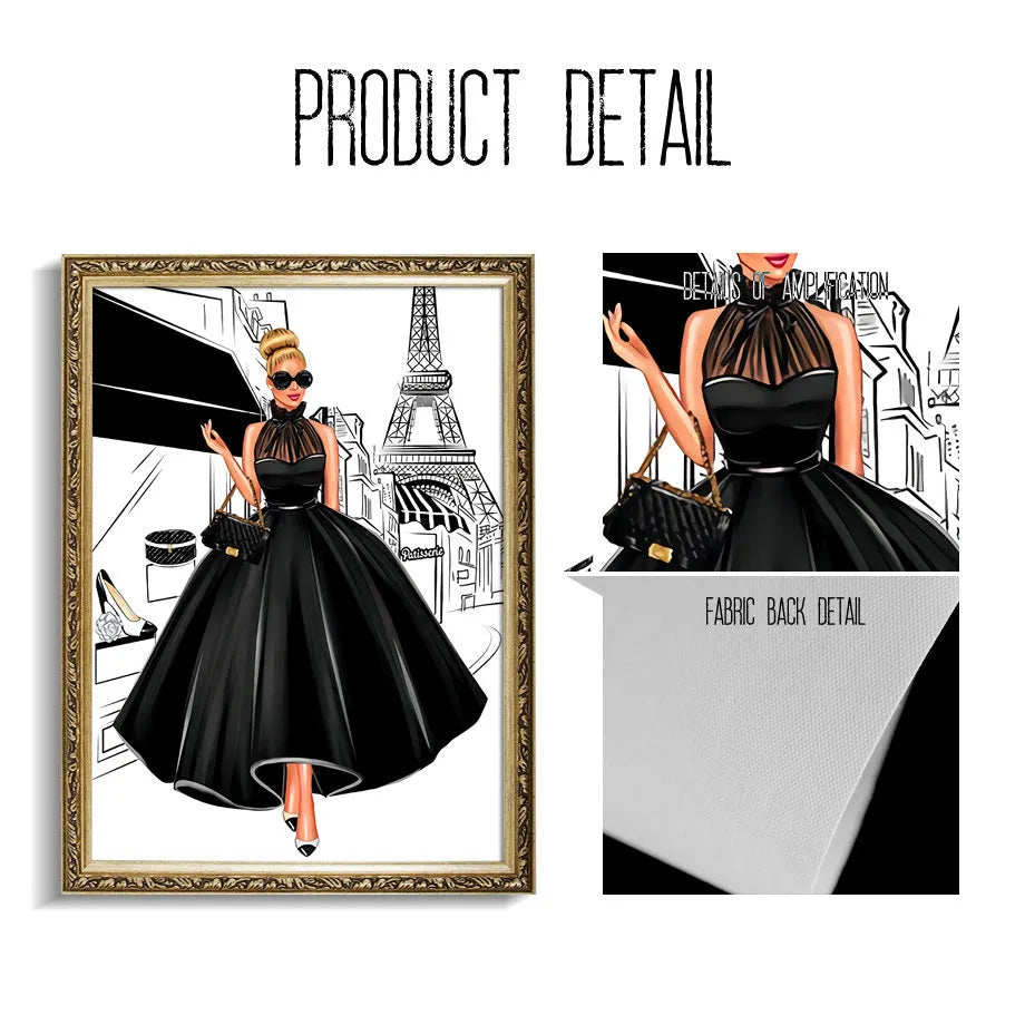 Cartoon style canvas wall art print showing fashion bag girl with champagne balloons