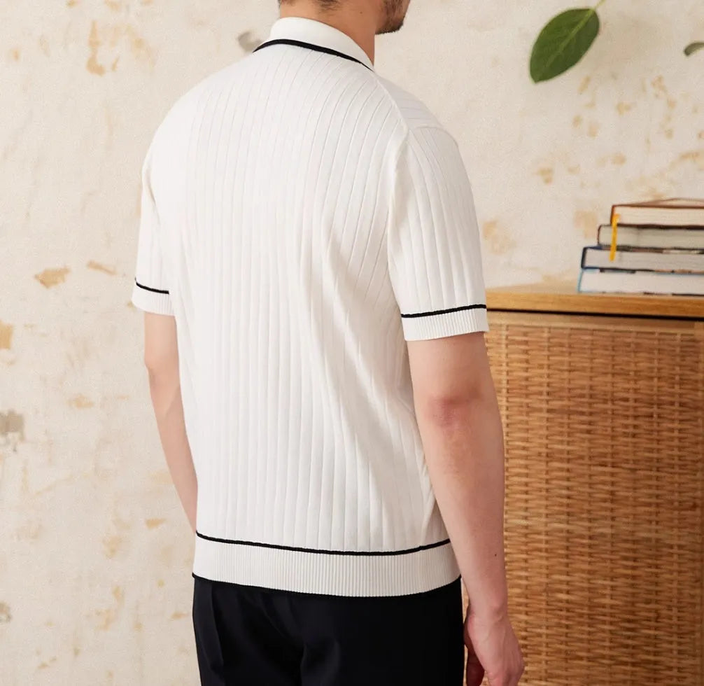 Black lapel collar short sleeve polo shirt on hanger showing slim fit and button placket