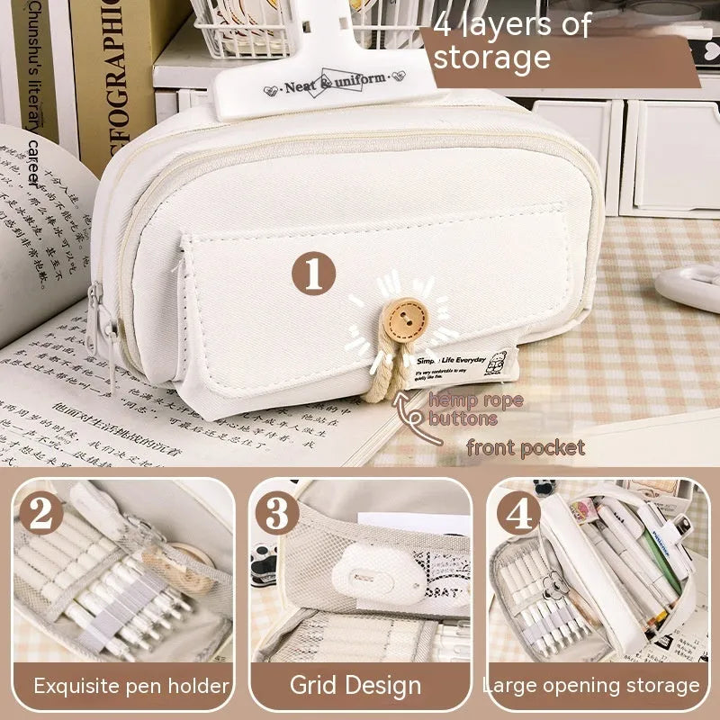 Large capacity canvas pencil case in green, beige, blue, and grey colours, holding approximately 80 pens.