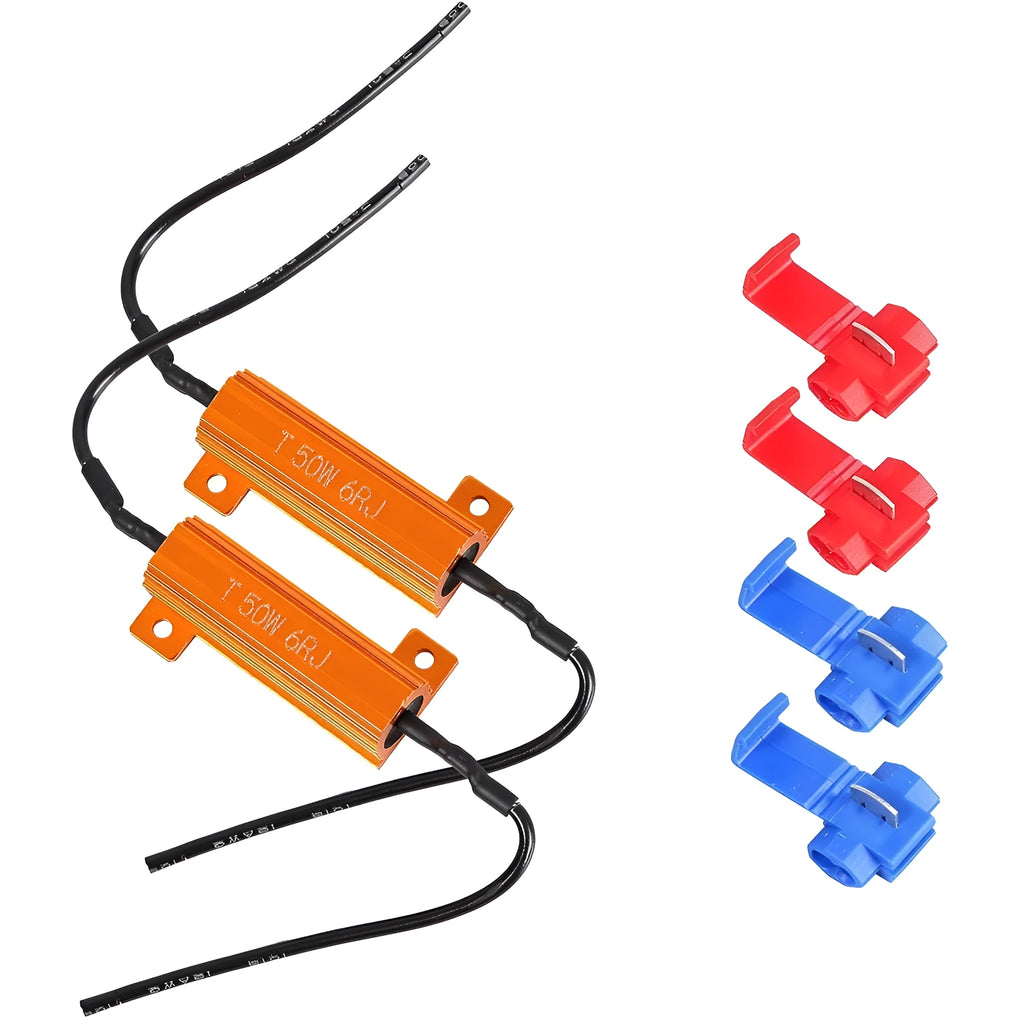 Gold-colour automotive LED decoder with aluminium case, 50W 12V rating, includes connection clips.