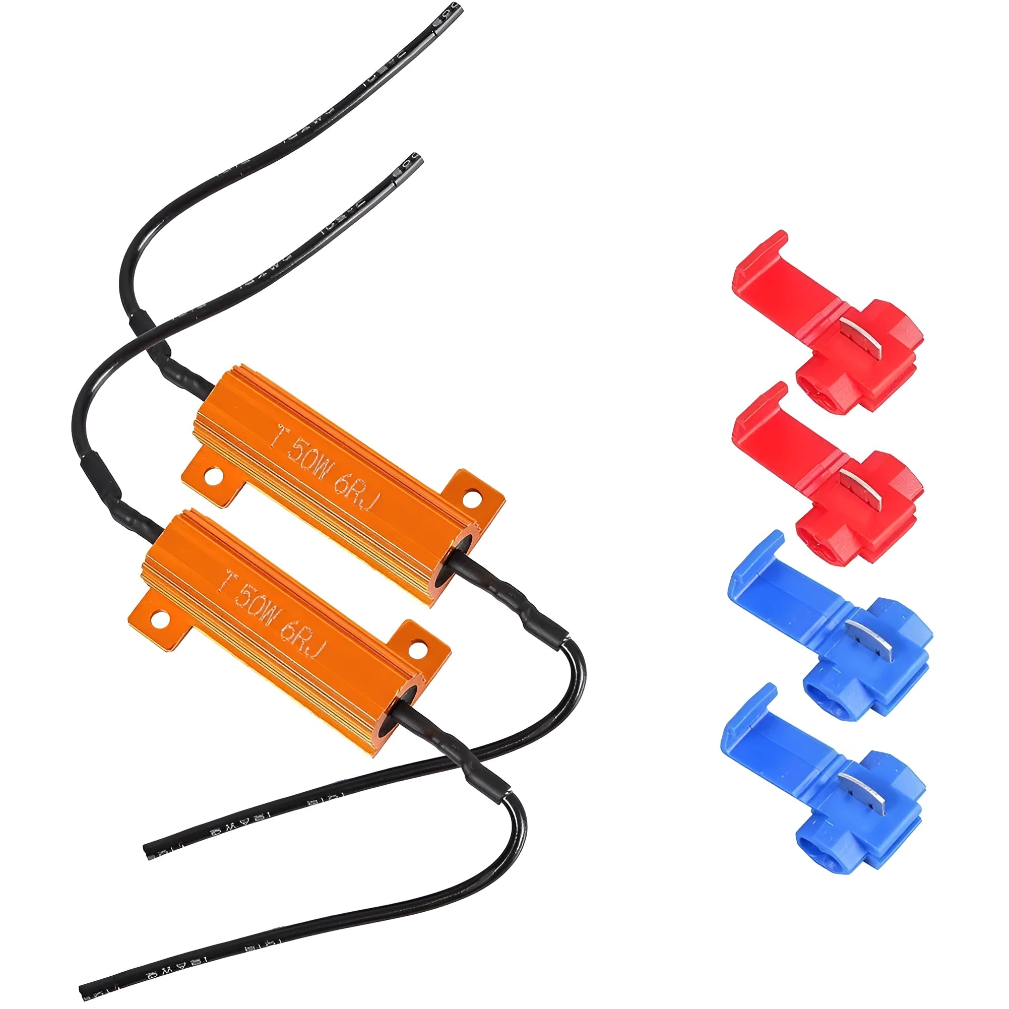 Gold-colour automotive LED decoder with aluminium case, 50W 12V rating, includes connection clips.