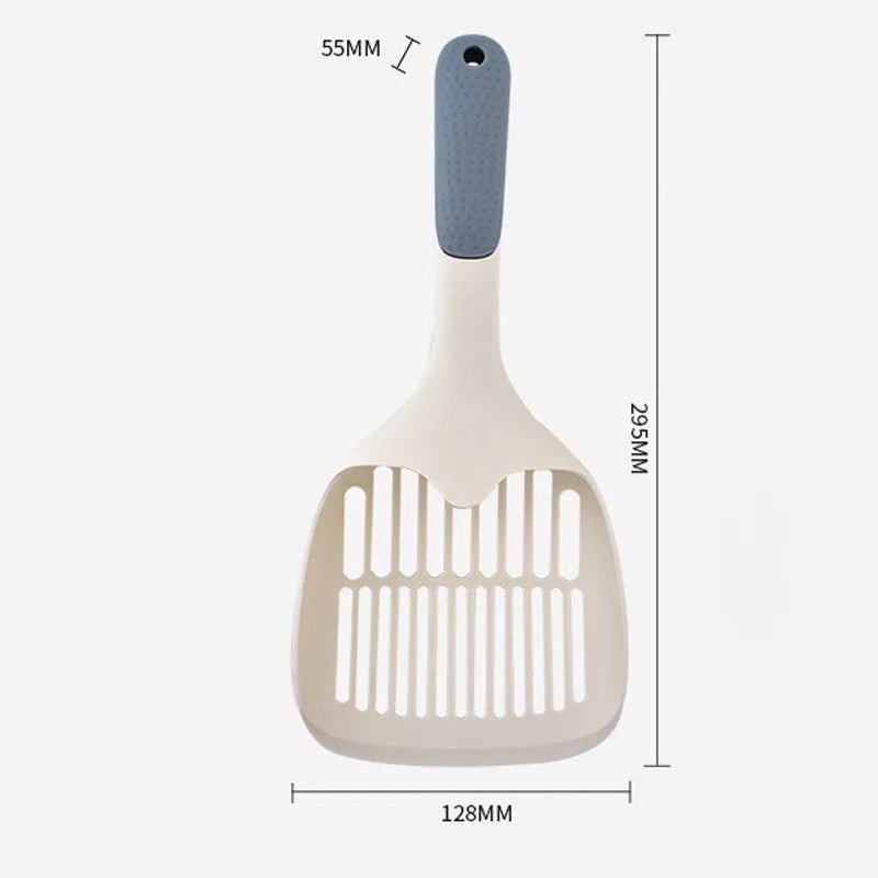 Large white plastic cat litter shovel with a slotted scoop head and handle.