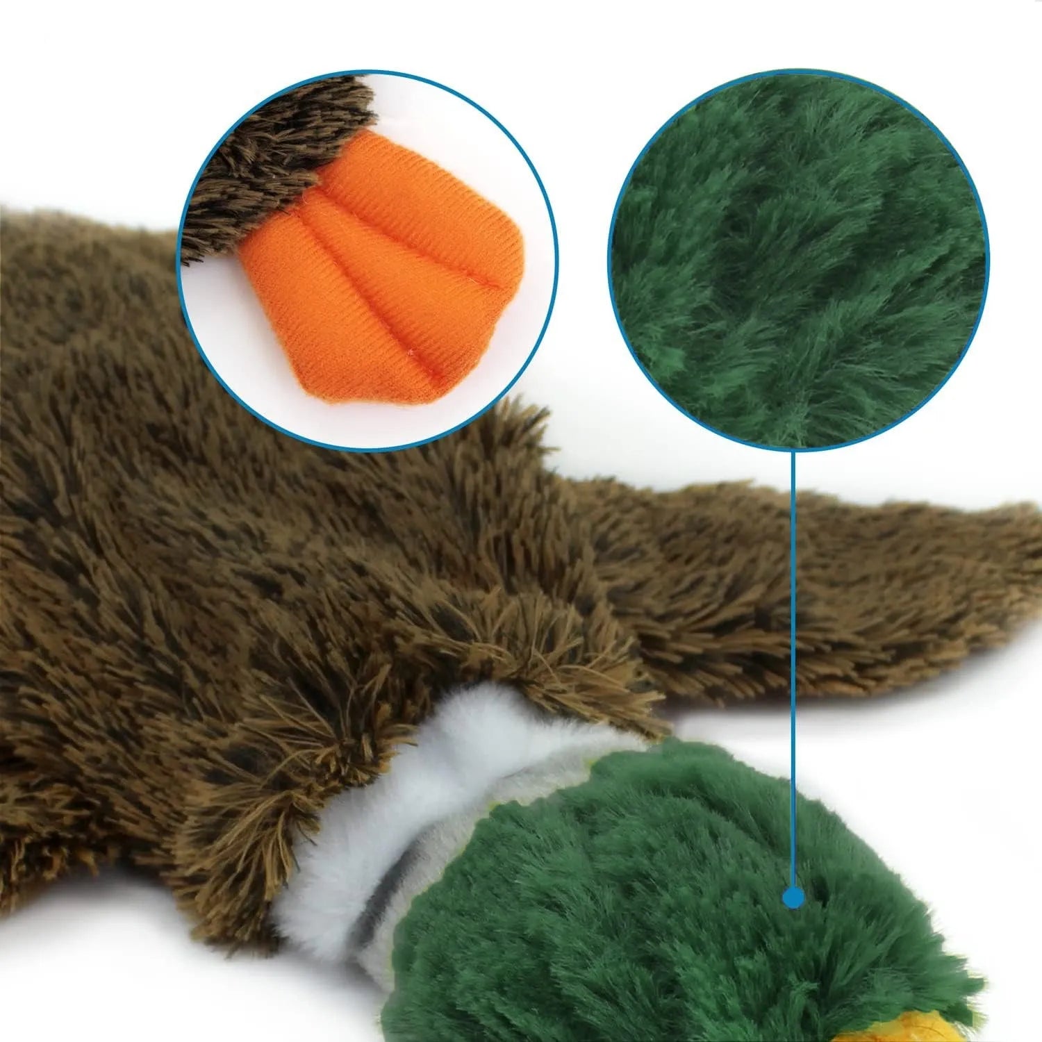 Green Wild Duck stuffless squeaky dog toy with no stuffing, showing self-fastening opening for plastic bottle.