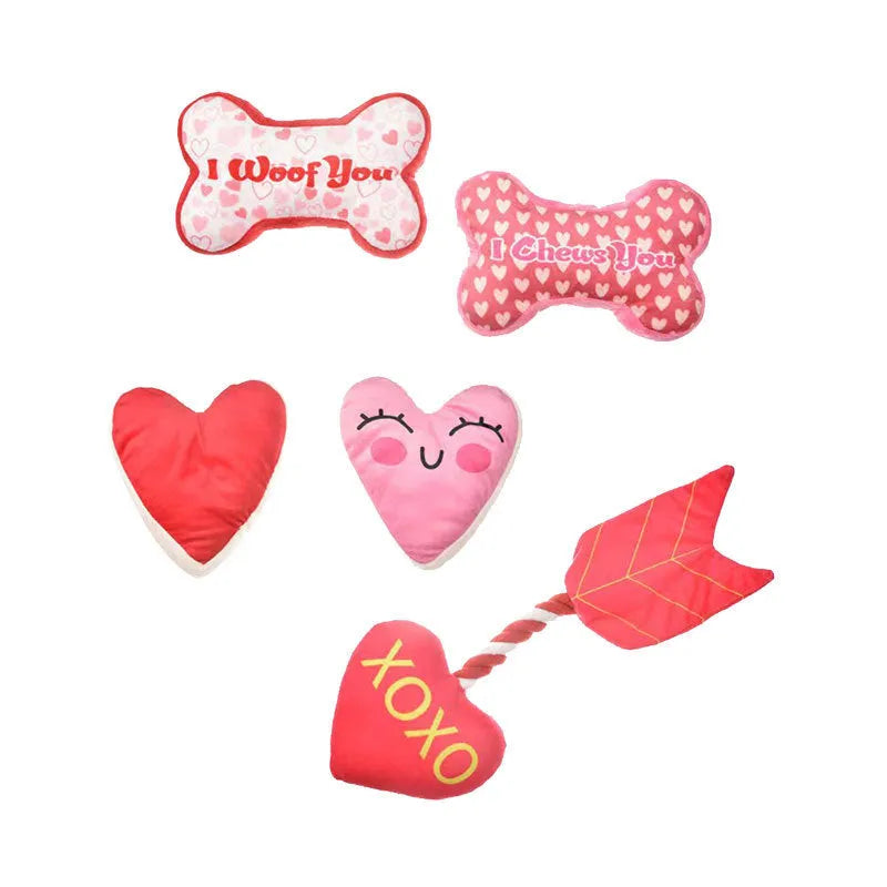 Pet plush tooth cleaning toy with textured surfaces for dental hygiene and vocalisation feature, shown in multiple colour options