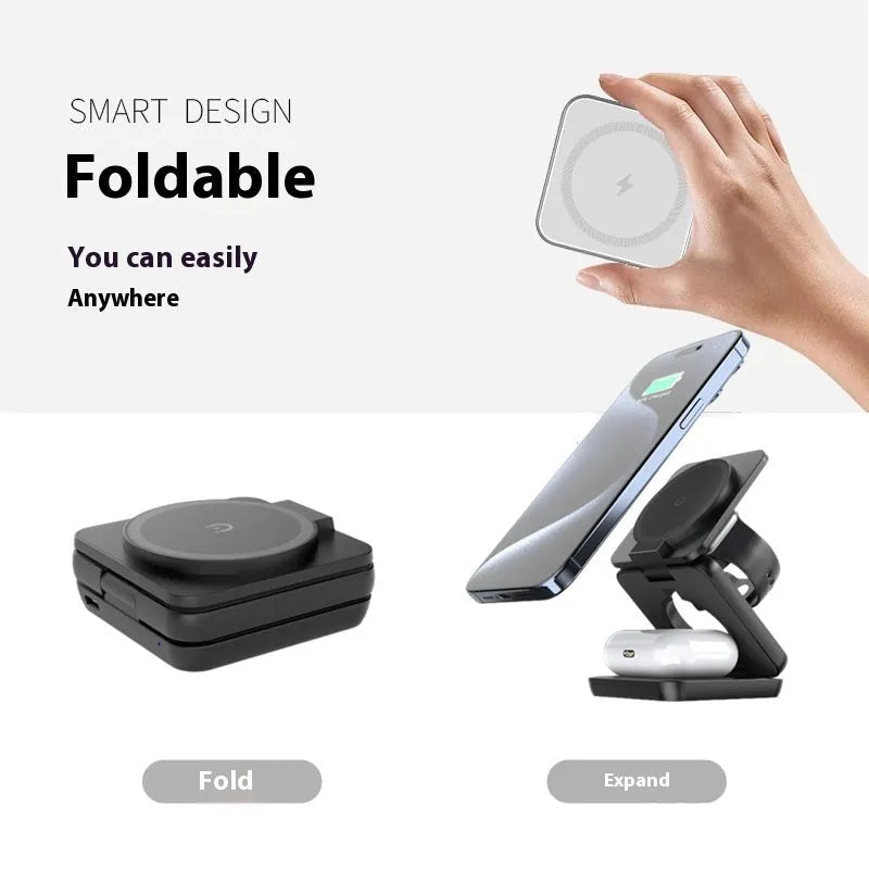 White foldable magnetic wireless charging holder for mobile phones showing QC3.0 fast charge.