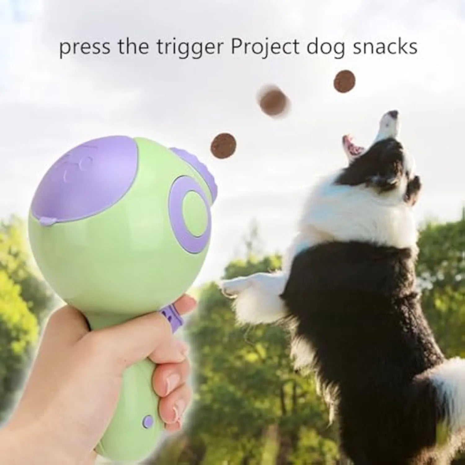 Green treat launchers toy for dogs with remote feeding function, measuring 15.5cm long