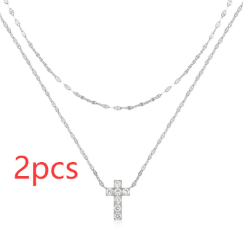 S925 sterling silver double-layer twin diamond cross necklace on clavicle chain in gold finish