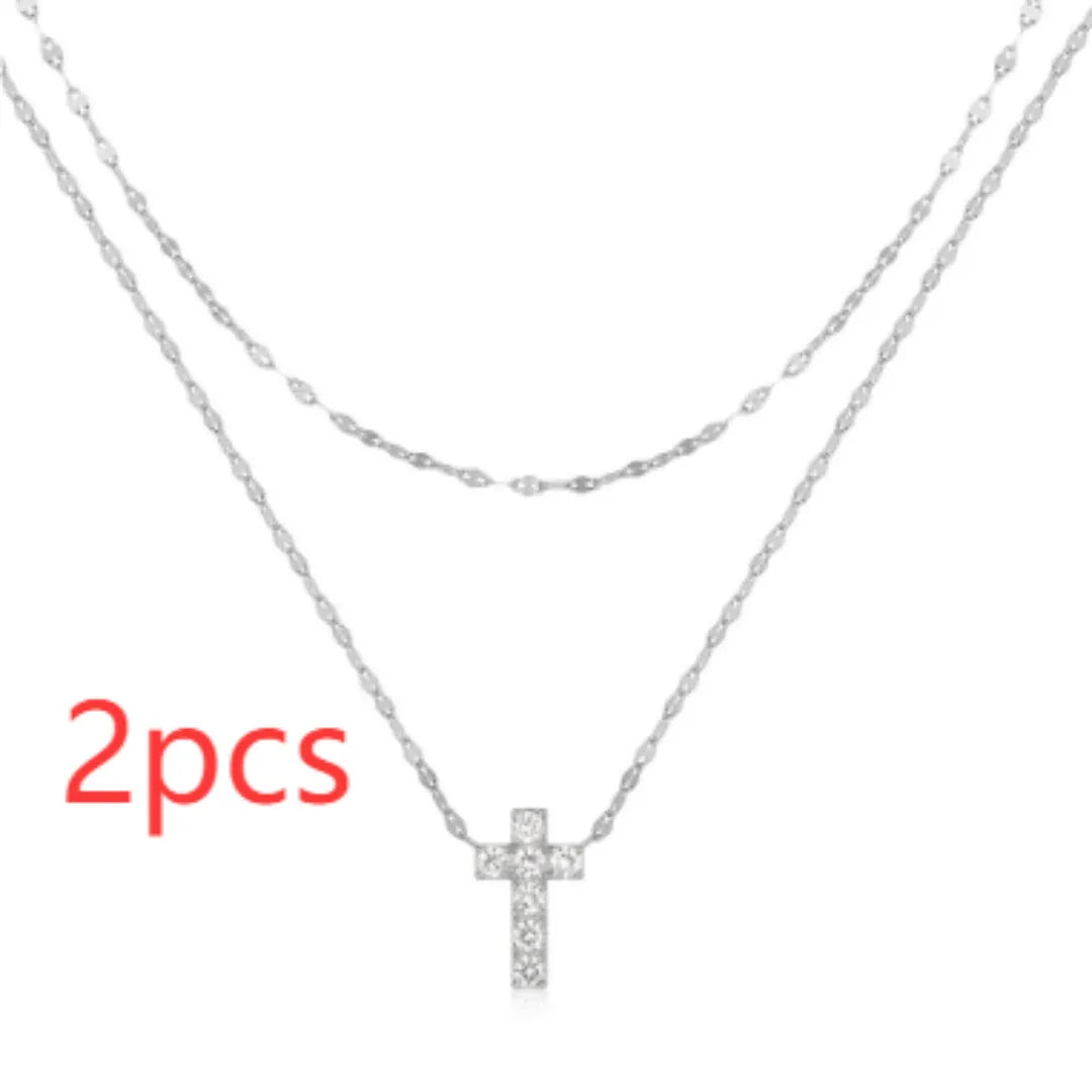 S925 sterling silver double-layer twin diamond cross necklace on clavicle chain in gold finish