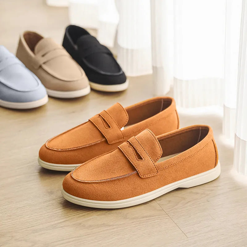 Men's suede casual shoes in beige, black, brown, or sky blue with a round toe and low flat heel.