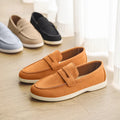 Men's suede casual shoes in beige, black, brown, or sky blue with a round toe and low flat heel.