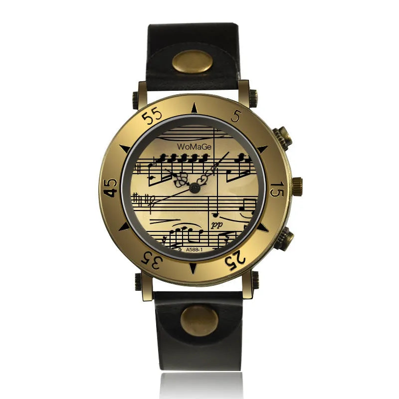 Men's fashion watch with musical notation symbols on the dial, shown in multiple colour options.