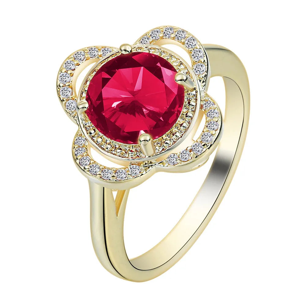 Copper ring with inlaid zircon stone in fruit-shaped design, electroplated finish, UK sizes 7 8 9 available