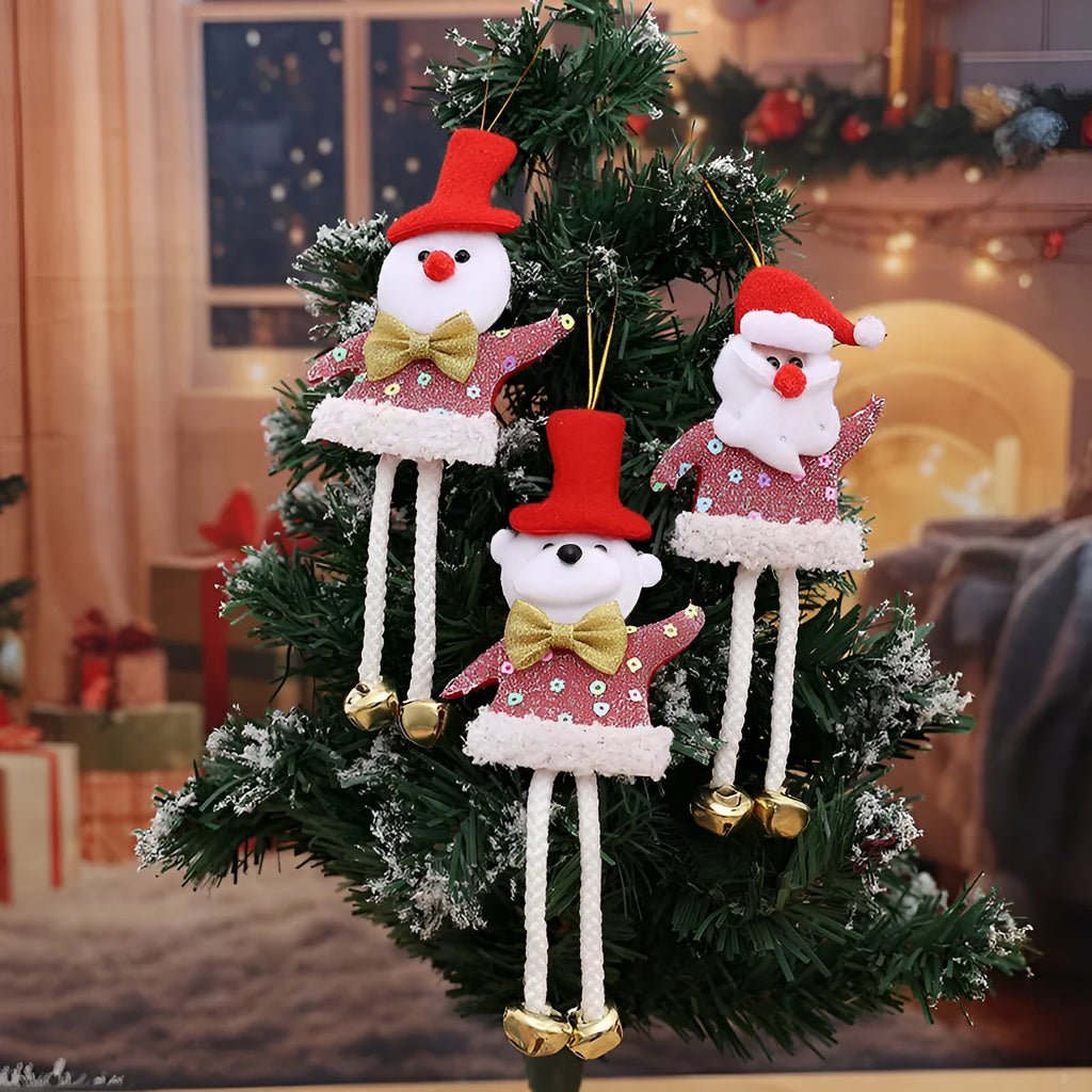 Christmas decorative pendant set showing old man, snowman, elk and bear designs for window display