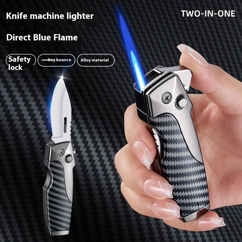 Zinc alloy metal folding lighter with integrated knife in black-brown wood grain finish, showing closed and open positions