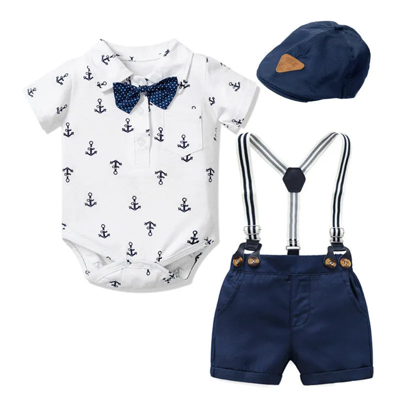 Blue and white cotton triangle print romper for a baby boy, showing short sleeves and European American gentleman style.