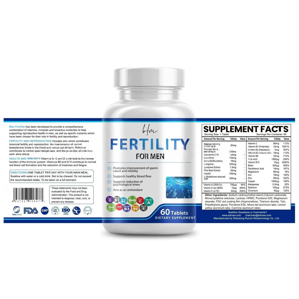 Bottle of male fertility tablets containing 60 tablets with vitamin mineral amino acids formulation
