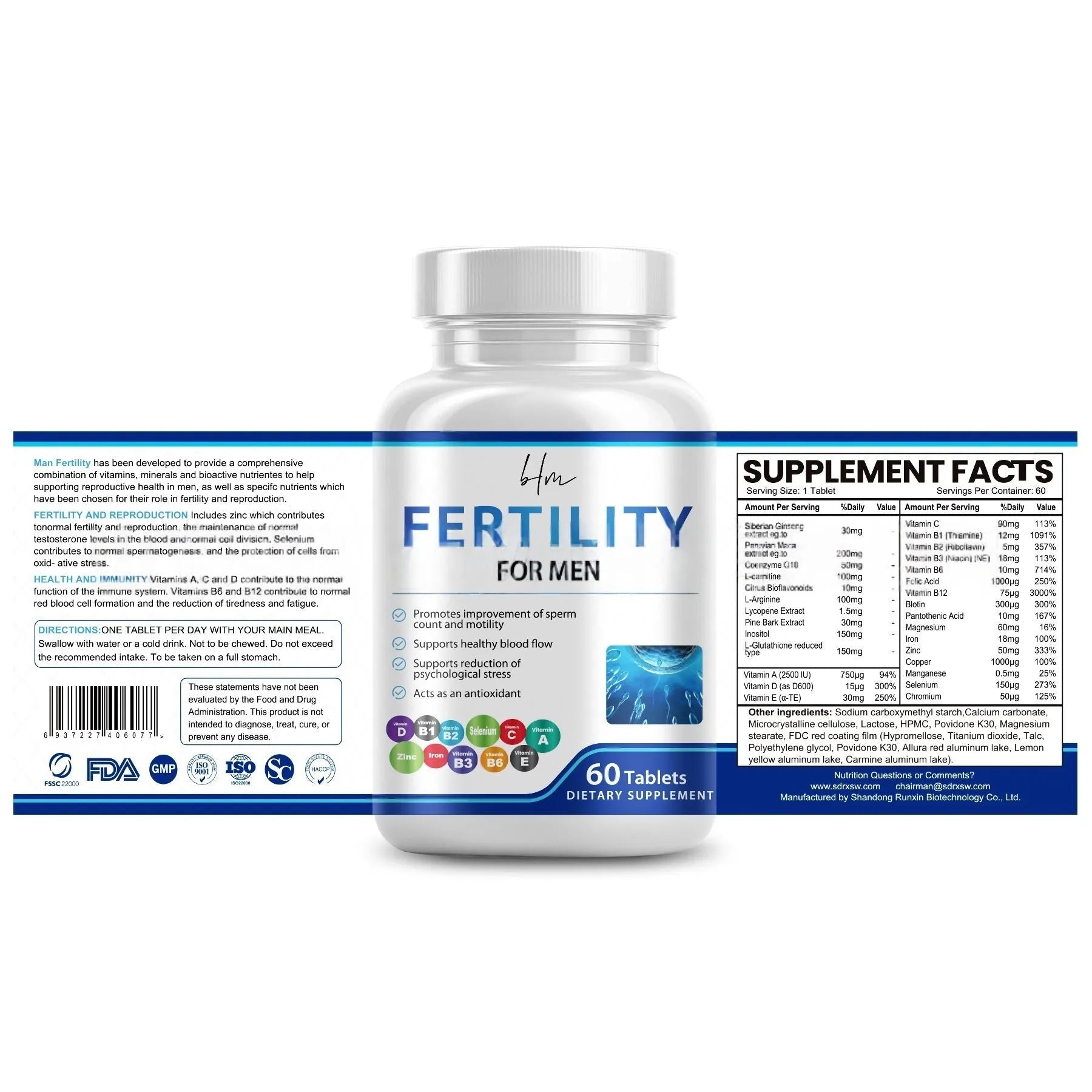 Bottle of male fertility tablets containing 60 tablets with vitamin mineral amino acids formulation