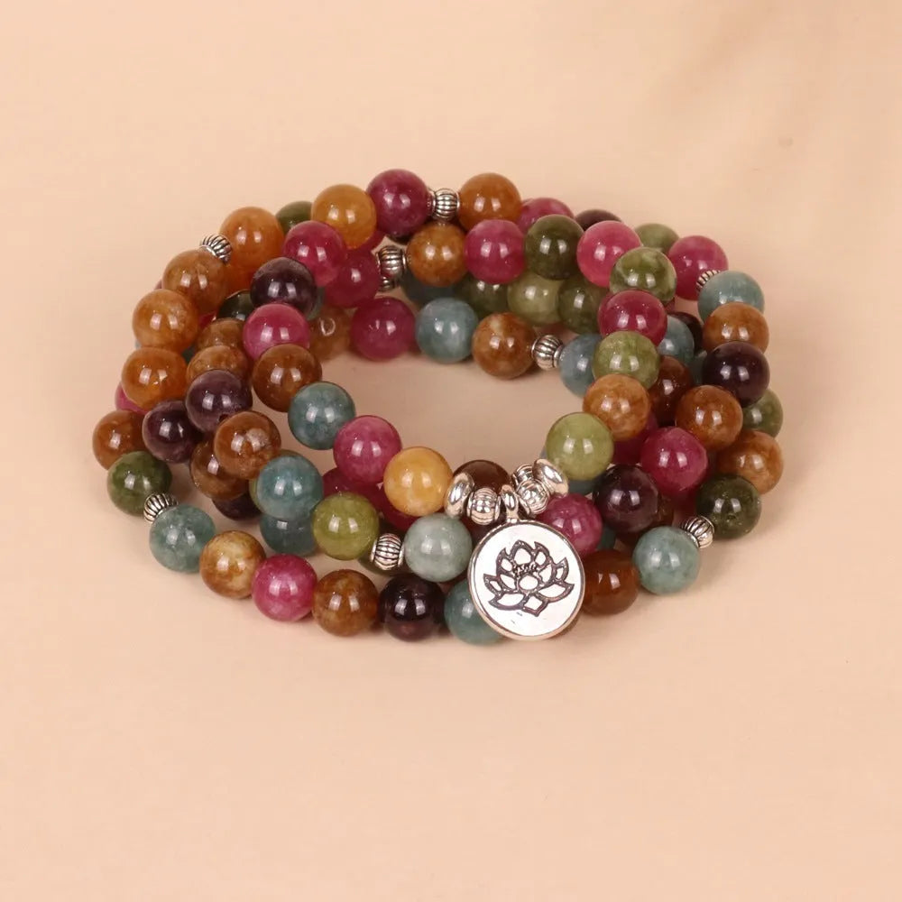 108 beads string lotus hanging multi-layer bracelet with tourmaline beads and adjustable alloy design