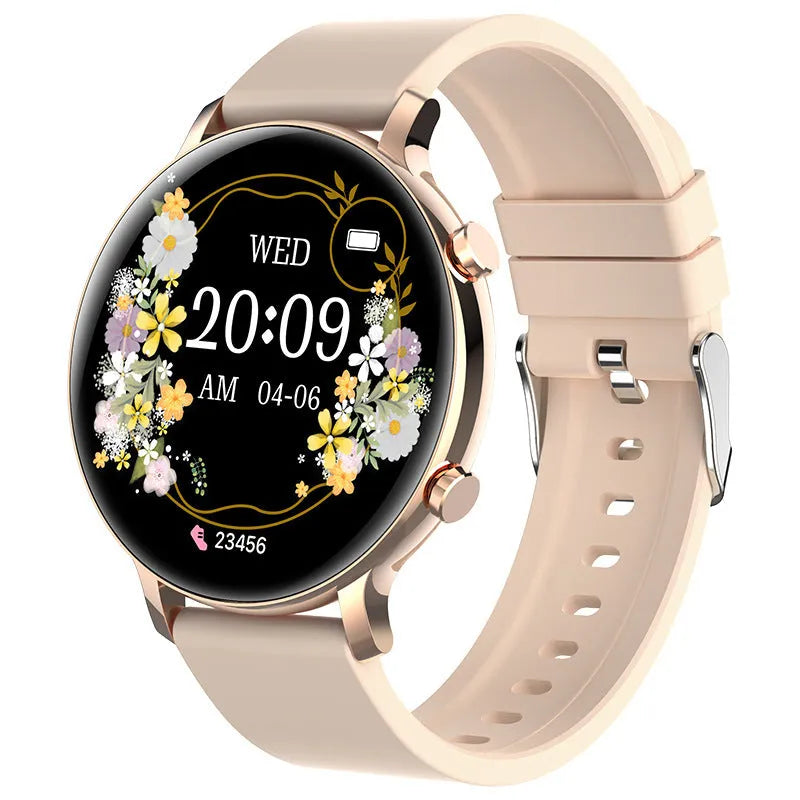 Bluetooth smartwatch with stainless steel strap showing 240x240 screen displaying heart rate data