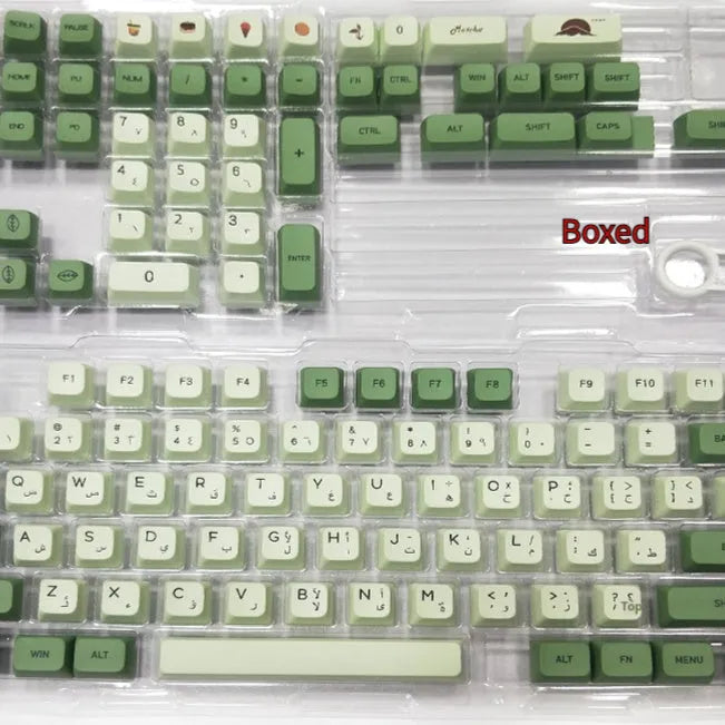124 Matcha green PBT keycaps with white dye-sublimated legends, arranged in a keyboard layout.