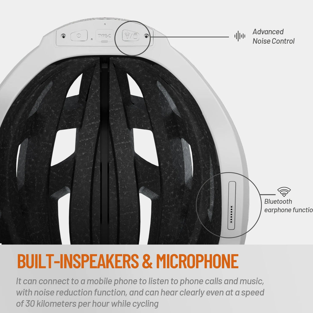 Black and grey smart cycling helmet with integrated warning lights and Bluetooth functionality